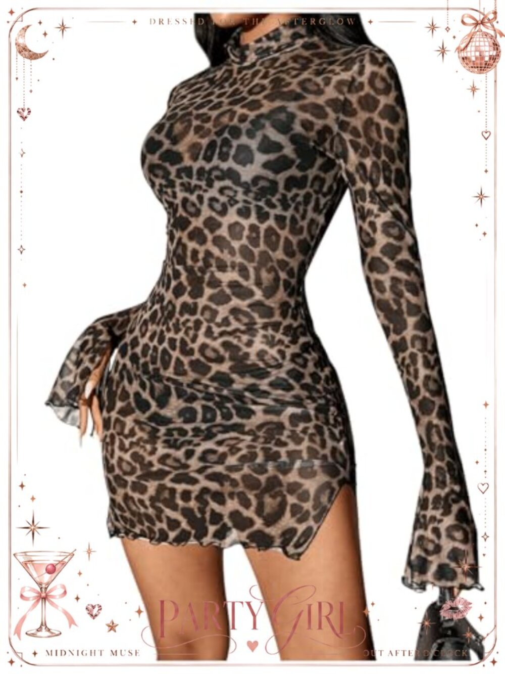 WDIRARA Y2K Sheer Mesh Bodycon Mini Dress Bell Long Sleeve Split